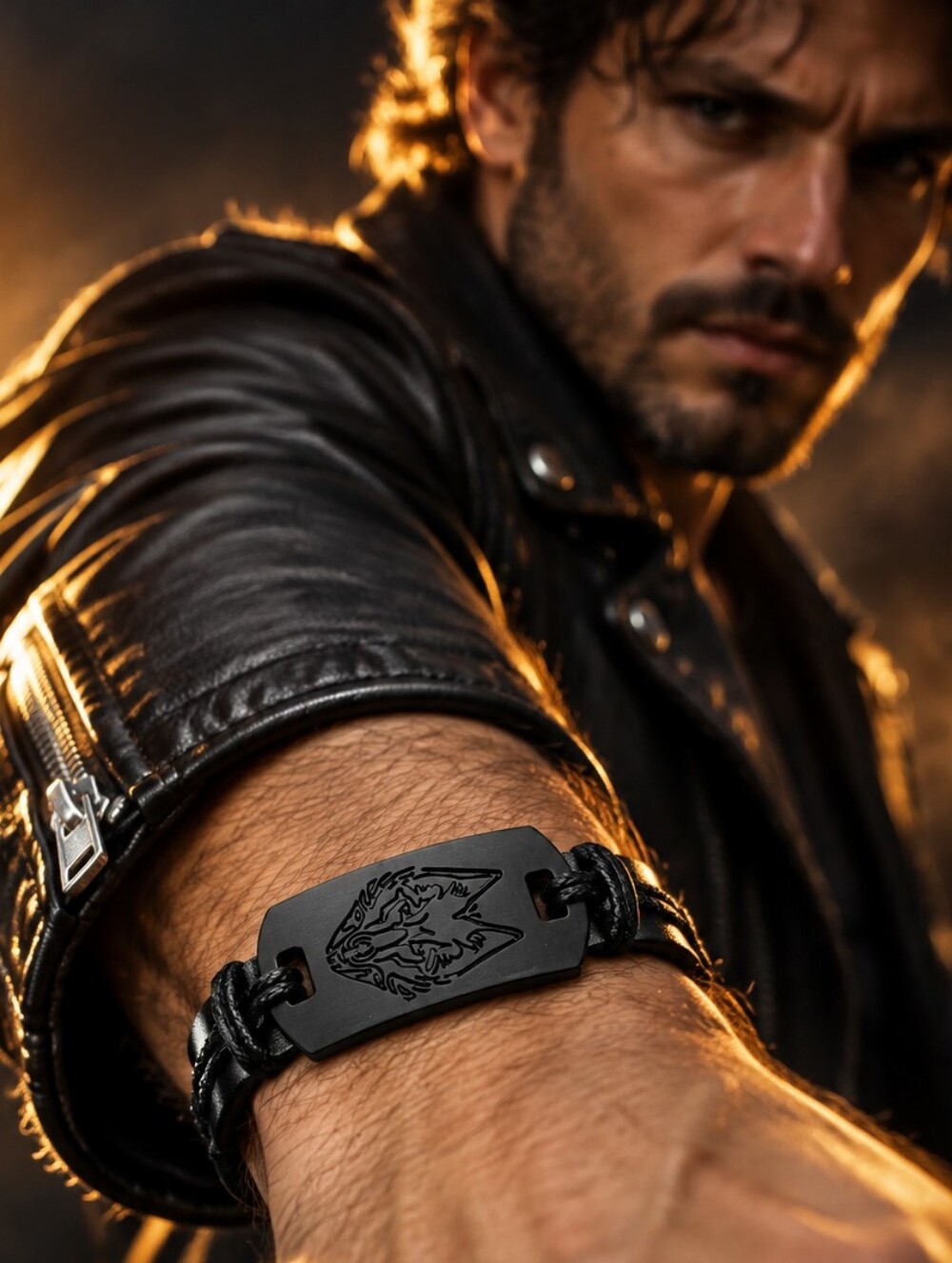 Black Wolf Bracelet Mens Viking Norse Fenrir Inspired Faux Leather Adjustable